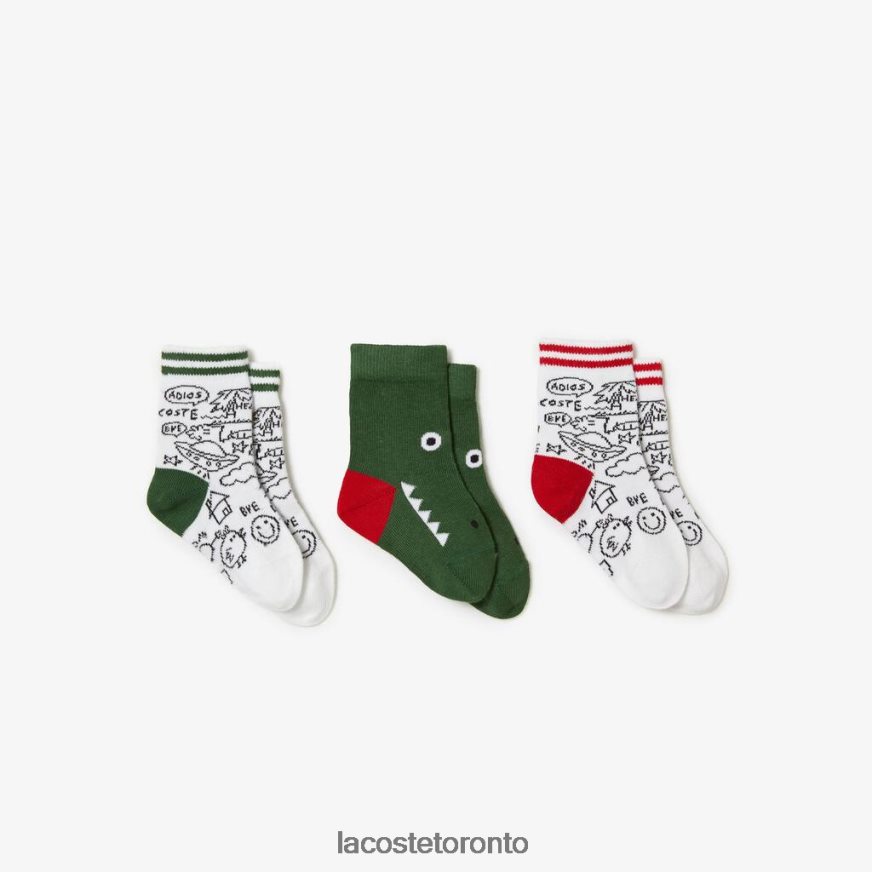 Accessories Lacoste Crocodile Print Sock Three-Pack White/Green/Navy Blue Kids Z60BPR2979