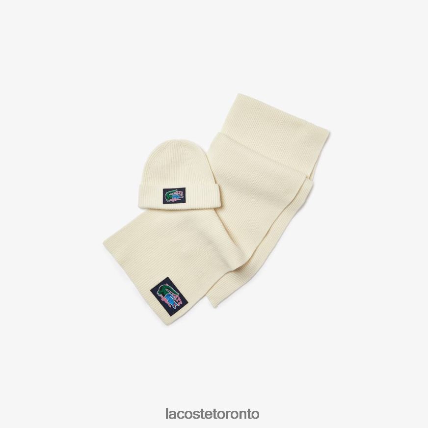 Accessories Lacoste Ribbed Wool Beanie And Scarf Gift Set White Unisex Z60BPR1690