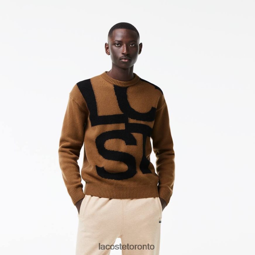 Clothing Lacoste Classic Fit Contrast Lettering Wool Sweater Brown/Black Men Z60BPR1448