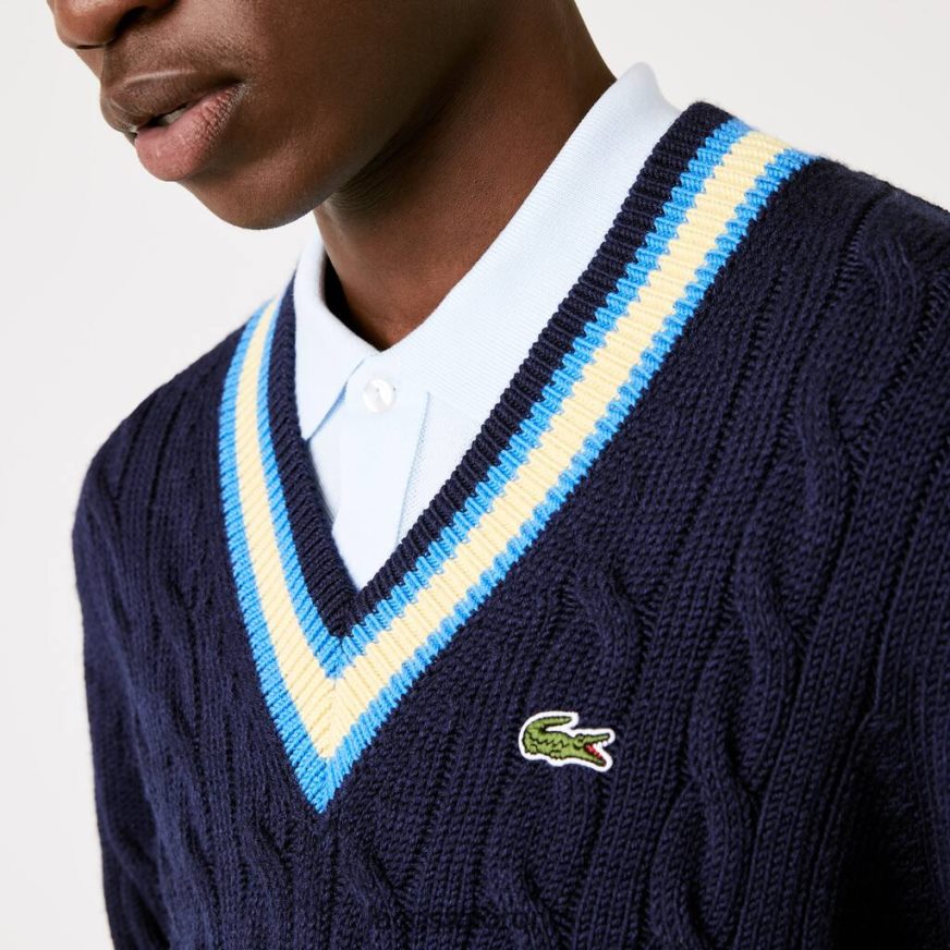 Clothing Lacoste Classic Fit Contrast Striped Wool Sweater Navy Blue/Yellow/Blue Men Z60BPR1517