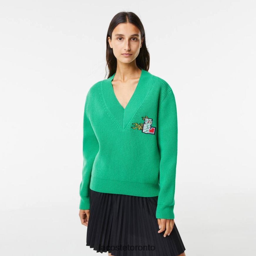 Clothing Lacoste Comic Badge V-Neck Wool Sweater Green Women Z60BPR2643