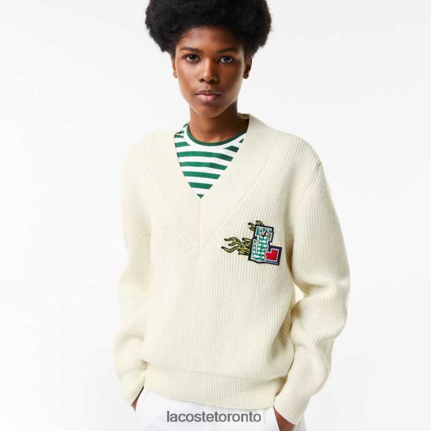 Clothing Lacoste Comic Badge V-Neck Wool Sweater White Women Z60BPR2642