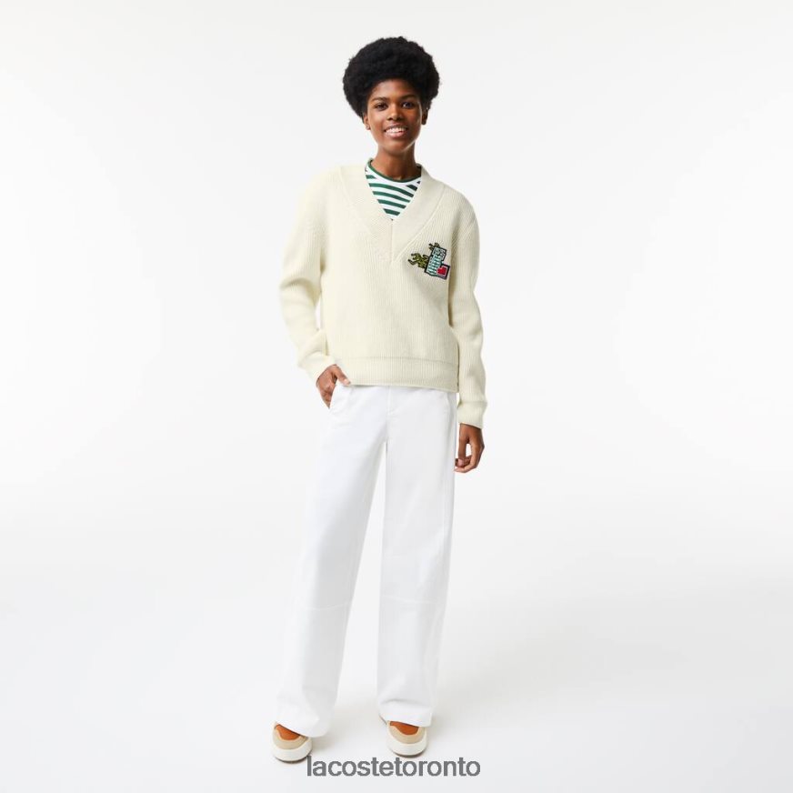 Clothing Lacoste Comic Badge V-Neck Wool Sweater White Women Z60BPR2642