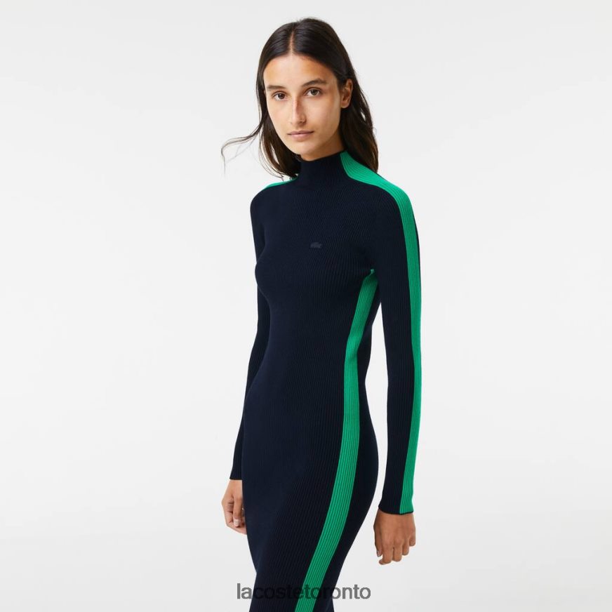 Clothing Lacoste Contrast Band Seamless Knit Dress Navy Blue/Green Women Z60BPR2485