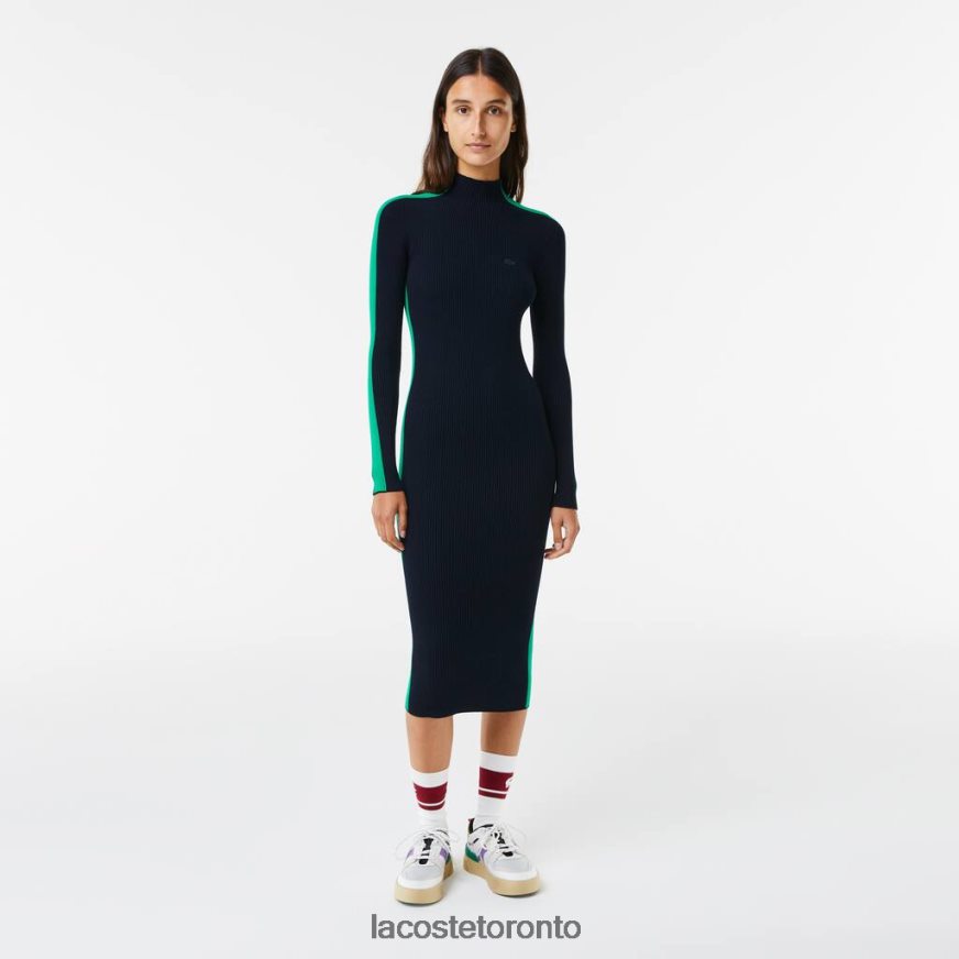 Clothing Lacoste Contrast Band Seamless Knit Dress Navy Blue/Green Women Z60BPR2485