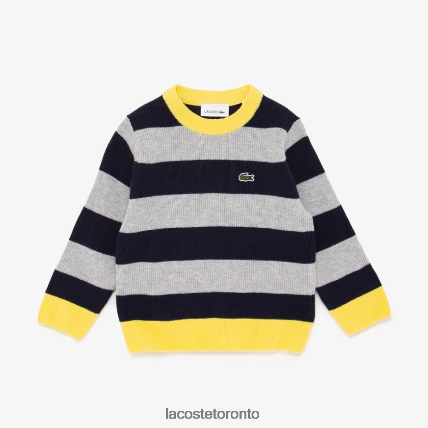 Clothing Lacoste Contrast Collar Striped Cotton Sweater Grey Chine/Navy Blue/Yellow Kids Z60BPR3251