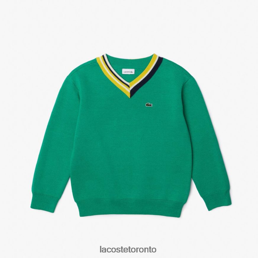 Clothing Lacoste Contrast Striped Neck Cotton Sweater Green/White Kids Z60BPR3283