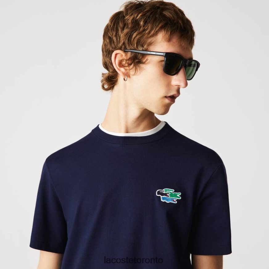 Clothing Lacoste Crew Neck Colored Crocodiles Organic Cotton T-shirt Navy Blue Men Z60BPR920