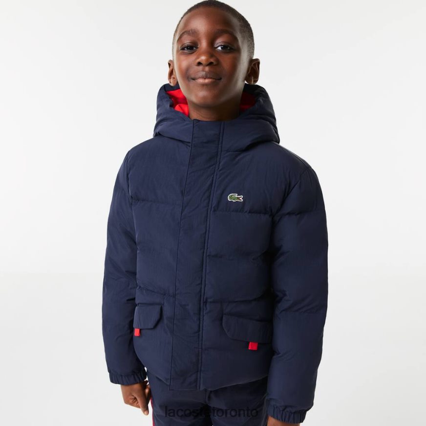 Clothing Lacoste Crocodile Embroidery Hooded Taffeta Jacket Navy Blue/Red Kids Z60BPR3221