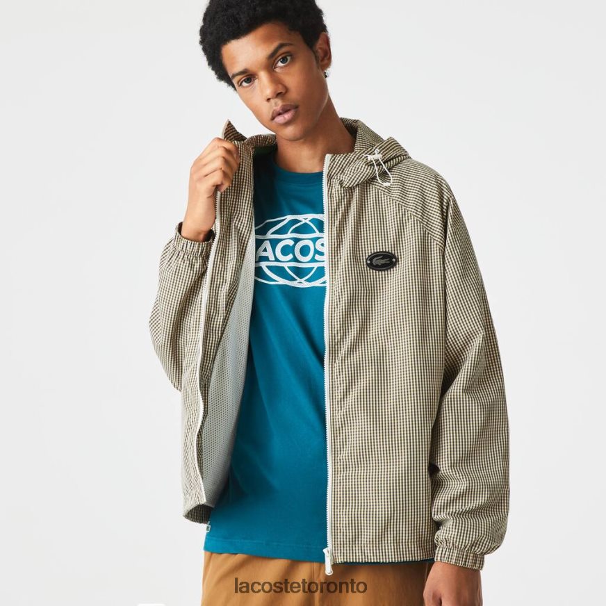 Clothing Lacoste Hooded Check Twill Jacket Beige/Navy Blue/White/Khaki Green Men Z60BPR1232