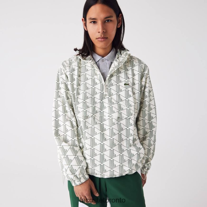 Clothing Lacoste LIVE Monogram Patterned Pullover Windbreaker White/Green Unisex Z60BPR1291