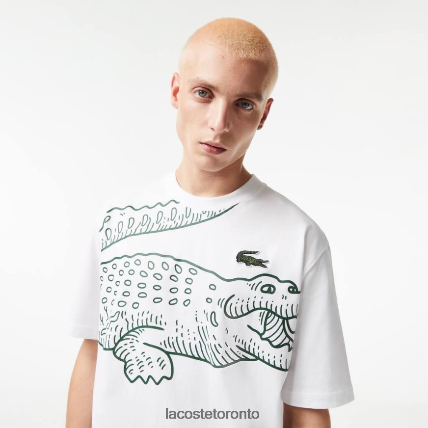 Clothing Lacoste Round Neck Loose Fit Crocodile Print T-Shirt White Men Z60BPR254