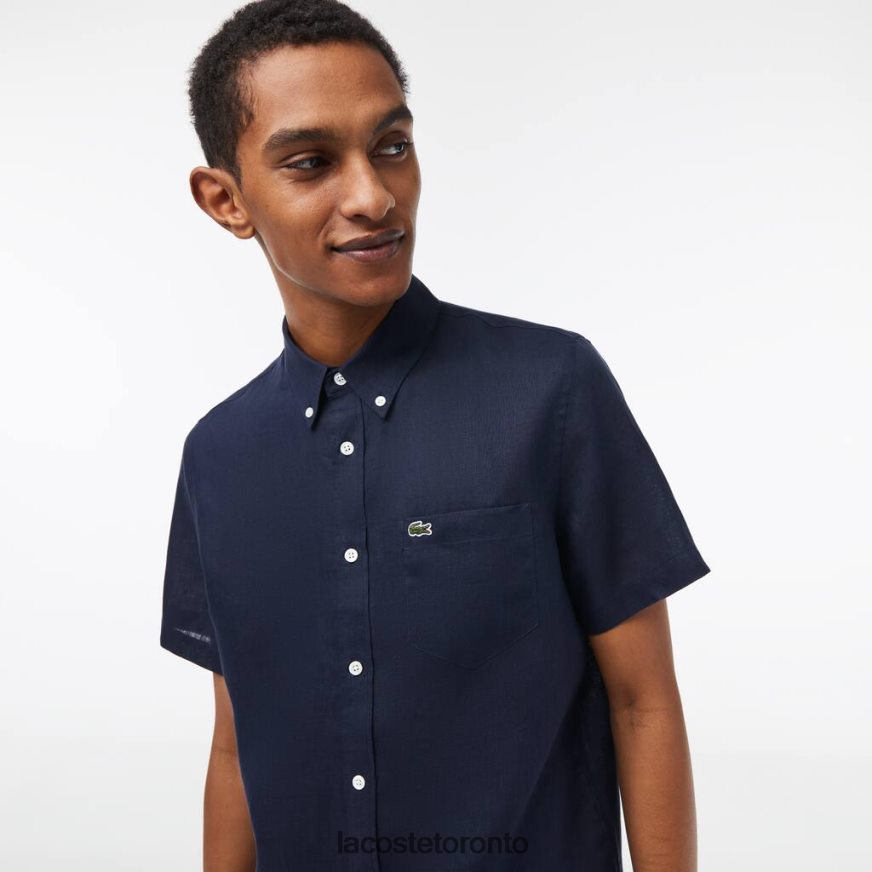 Clothing Lacoste Short Sleeve Linen Shirt Navy Blue Men Z60BPR491