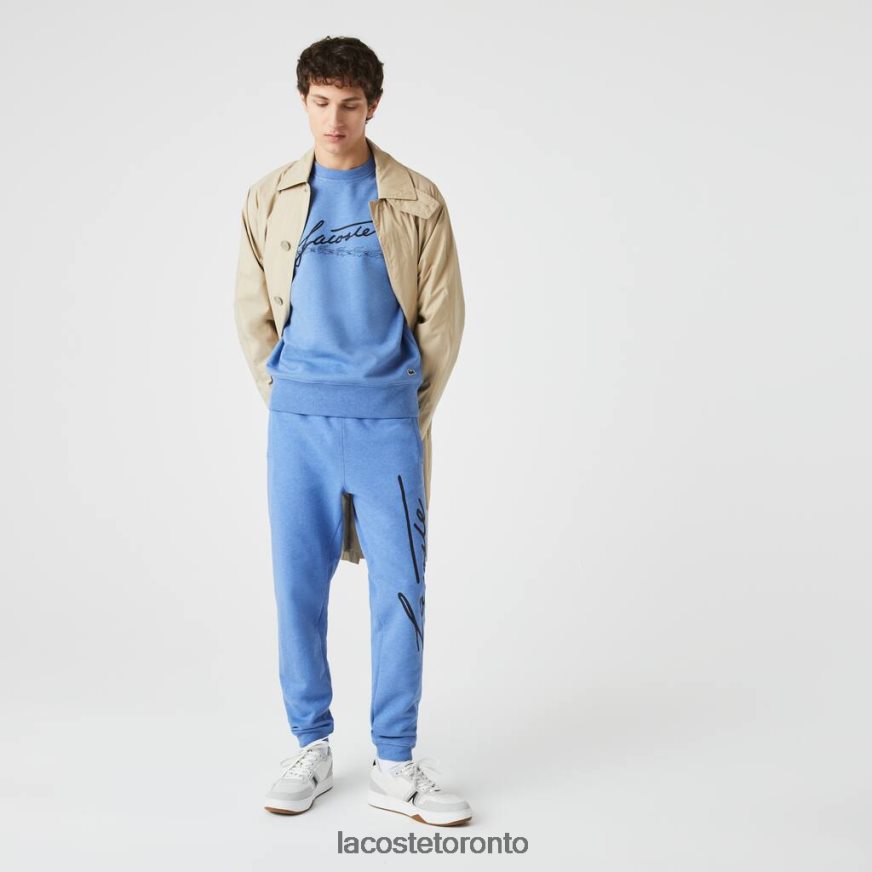 Clothing Lacoste Signature And Crocodile Print Cotton Fleece Jogging Pants Blue Chine Men Z60BPR1067