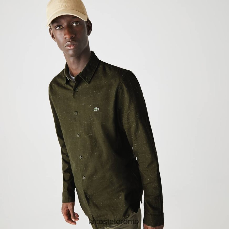 Clothing Lacoste Slim Fit Flamed Cotton Shirt Khaki Green/White Men Z60BPR1645