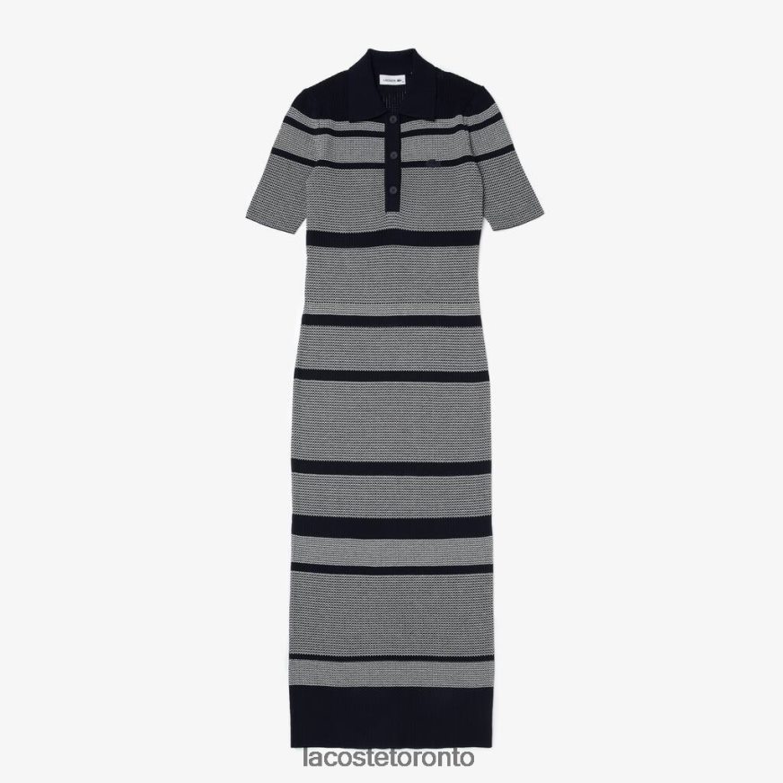 Clothing Lacoste Striped Cotton Knit Blend Mid-Length Polo Dress Black/White Women Z60BPR2509