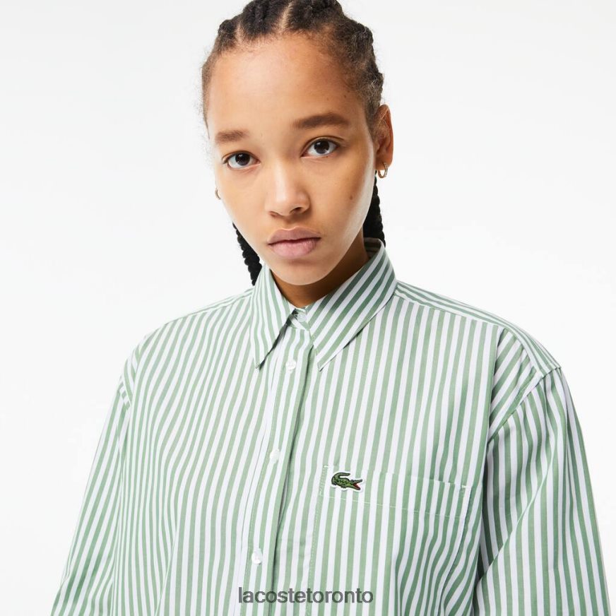 Clothing Lacoste Striped Cotton Poplin Shirt White/Khaki Green Women Z60BPR2448