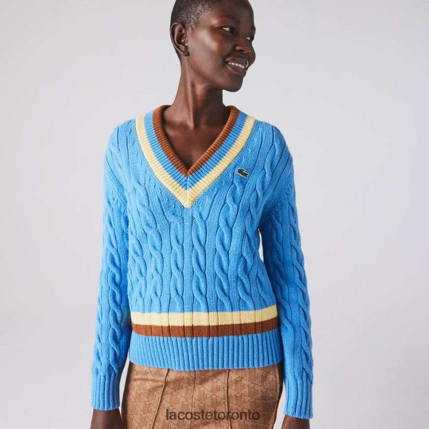 Clothing Lacoste V-Neck Cable Knit Wool Sweater Blue/Yellow/Brown Women Z60BPR2636