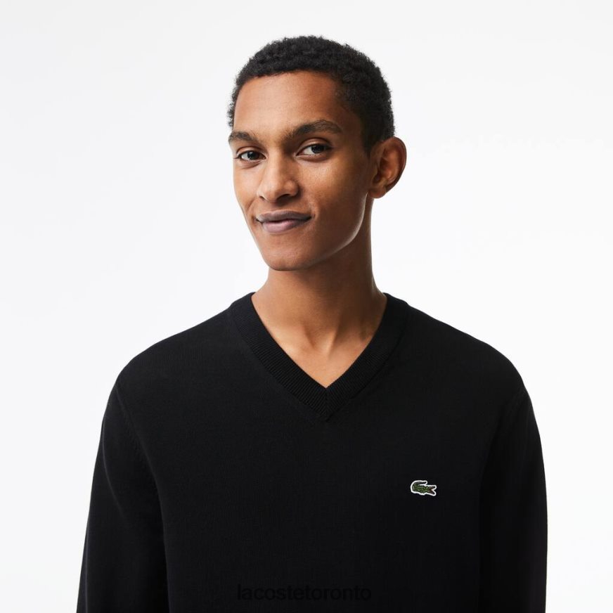 Clothing Lacoste V-Neck Organic Cotton Sweater Black Men Z60BPR1323