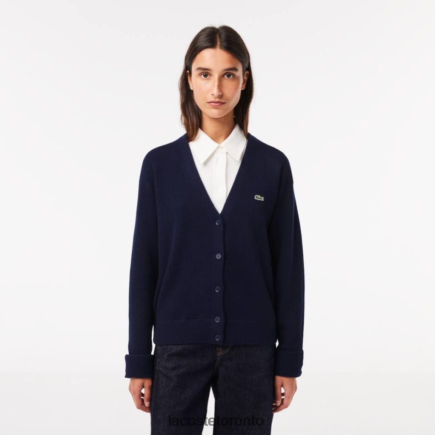 Clothing Lacoste V-Neck Wool Cardigan Navy Blue Women Z60BPR2641