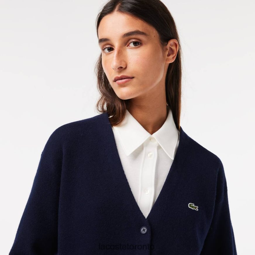 Clothing Lacoste V-Neck Wool Cardigan Navy Blue Women Z60BPR2641