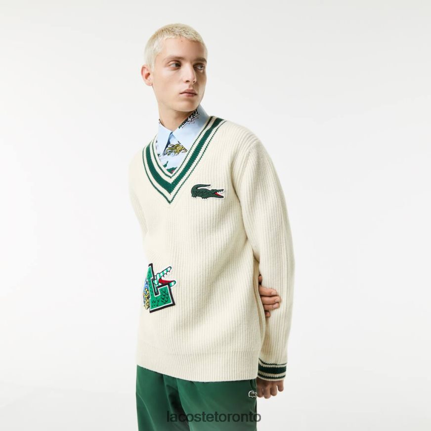 Clothing Lacoste Comic Badge Sweater White/Green Men Z60BPR1377